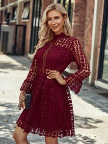 Eilly Bazar Women Elegant Stand Collar Lace Hollow-Out Dress - Burgundy - View 5
