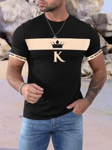 Manfinity Homme 男士T恤合身圓領短袖標語T恤休閒夏季針織上衣 - 黑色 - 查看 1