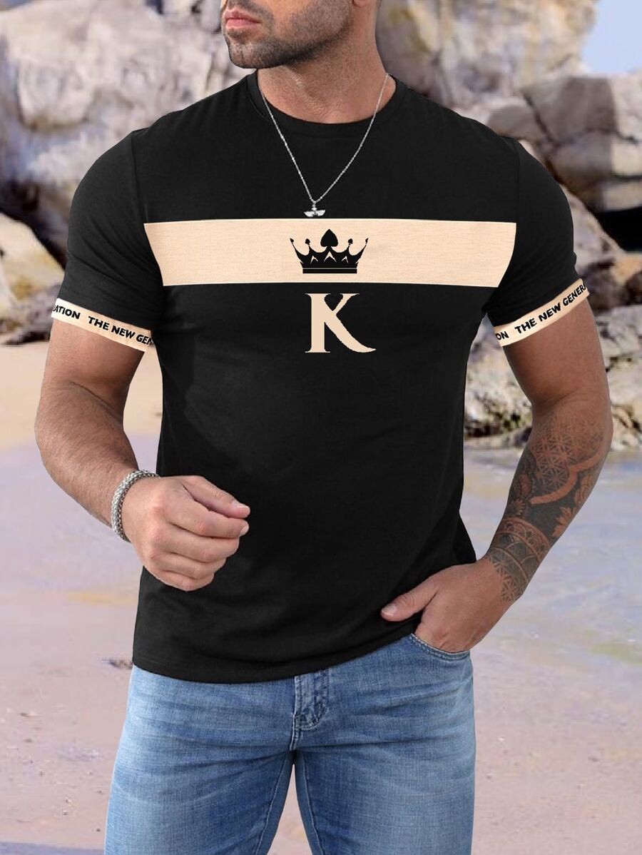 Manfinity Homme 男士T恤合身圓領短袖標語T恤休閒夏季針織上衣 - 黑色 - 查看 1