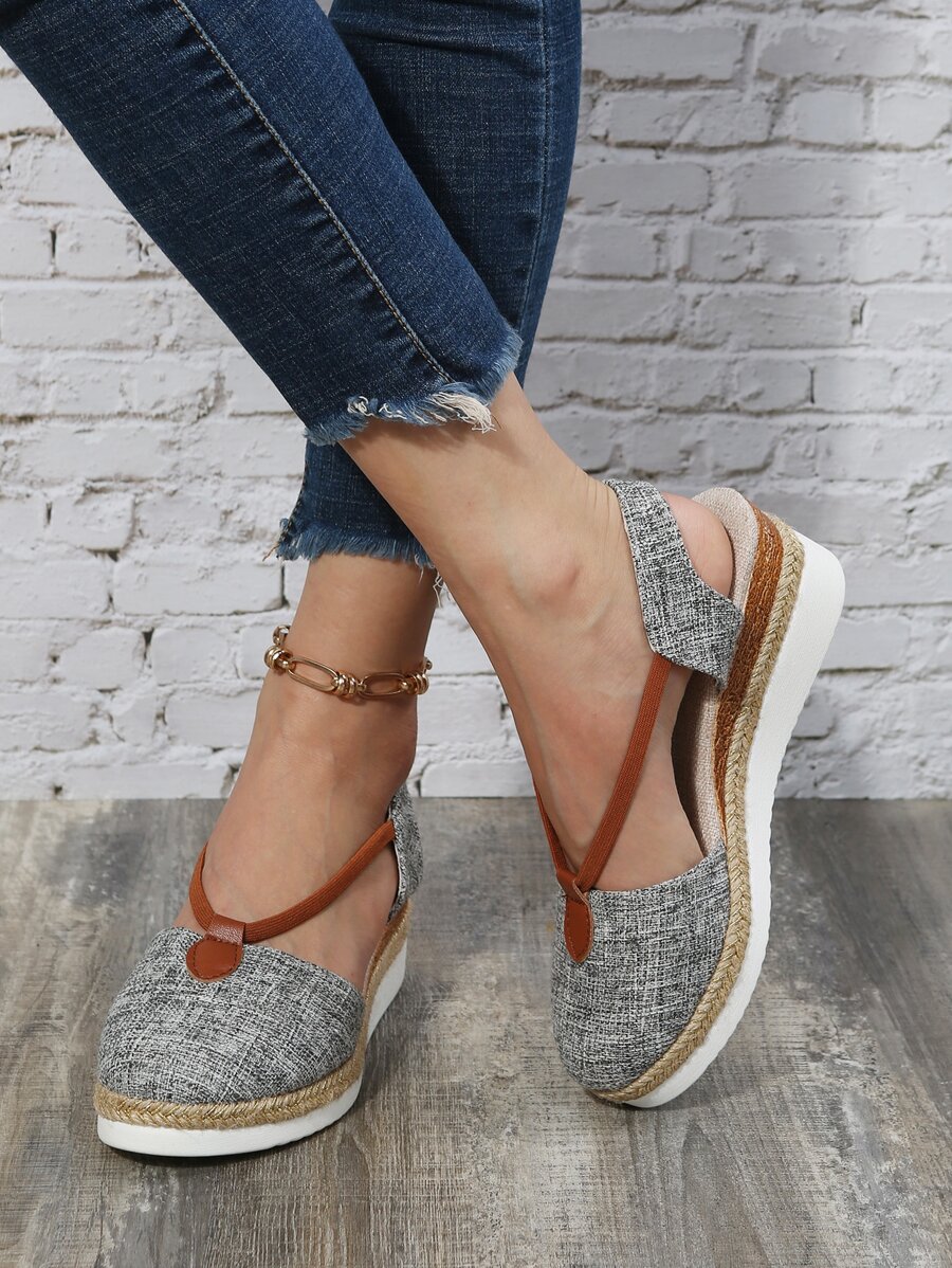 Colorblock Slingback Espadrille Wedge Court Shoes - Light Grey - View 1