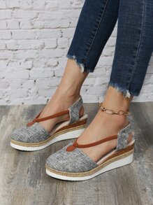 Colorblock Slingback Espadrille Wedge Court Shoes - Light Grey - View 5