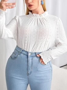 SHEIN Clasi Áo thun Plus size viền lá sen Buộc lại Xù nhỏ màu trơn Giải trí - trắng - Xem 4