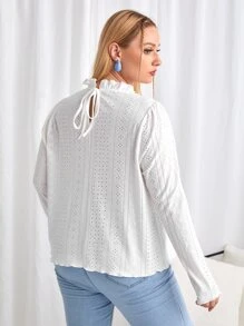 SHEIN Clasi Áo thun Plus size viền lá sen Buộc lại Xù nhỏ màu trơn Giải trí - trắng - Xem 2