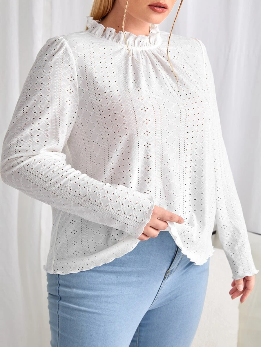 SHEIN Clasi Áo thun Plus size viền lá sen Buộc lại Xù nhỏ màu trơn Giải trí - trắng - Xem 1