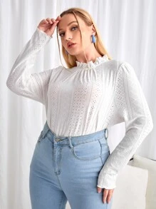 SHEIN Clasi Áo thun Plus size viền lá sen Buộc lại Xù nhỏ màu trơn Giải trí - trắng - Xem 3