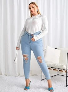 SHEIN Clasi Áo thun Plus size viền lá sen Buộc lại Xù nhỏ màu trơn Giải trí - trắng - Xem 5