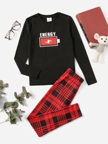 SHEIN Leap Crew 適合青少年男孩的閃電和字母圖形緊身睡衣套裝