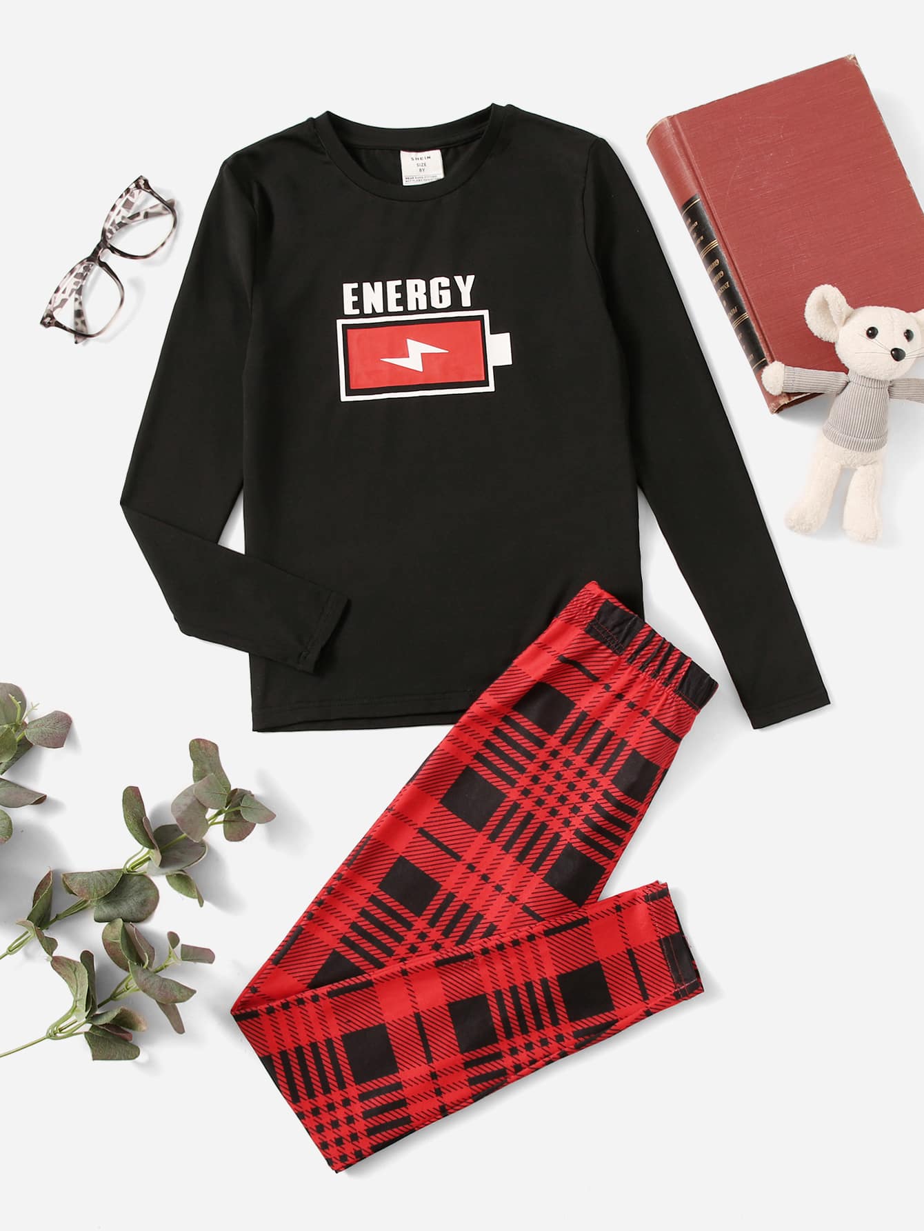 SHEIN Leap Crew 適合青少年男孩的閃電和字母圖形緊身睡衣套裝