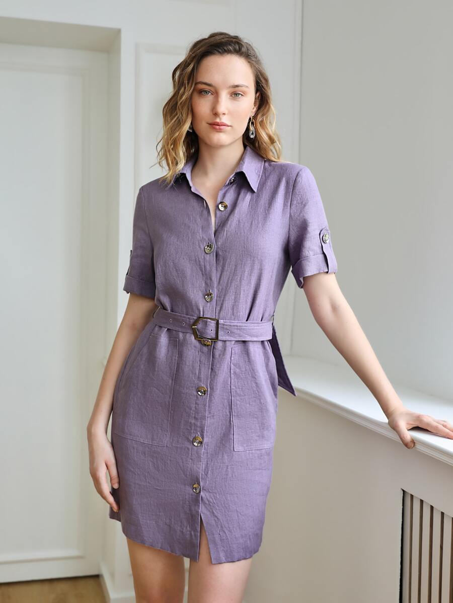 MOTF PREMIUM 100%亚麻腰帶襯衫連衣裙