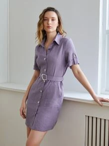 MOTF PREMIUM 100%亚麻腰帶襯衫連衣裙