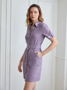 MOTF PREMIUM 100%亚麻腰帶襯衫連衣裙