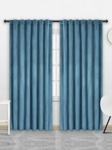 Plain Pom Pom Decor Single Panel Curtain - Blue - View 1