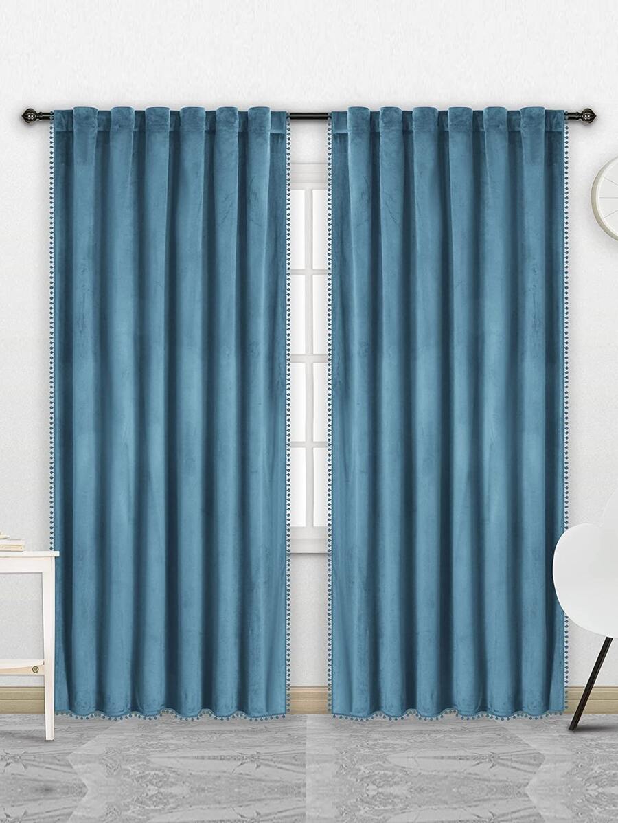 Plain Pom Pom Decor Single Panel Curtain - Blue - View 1