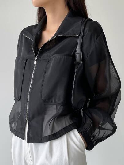 DAZY Drop Shoulder Zipper Front Drawstring Waist Blouse