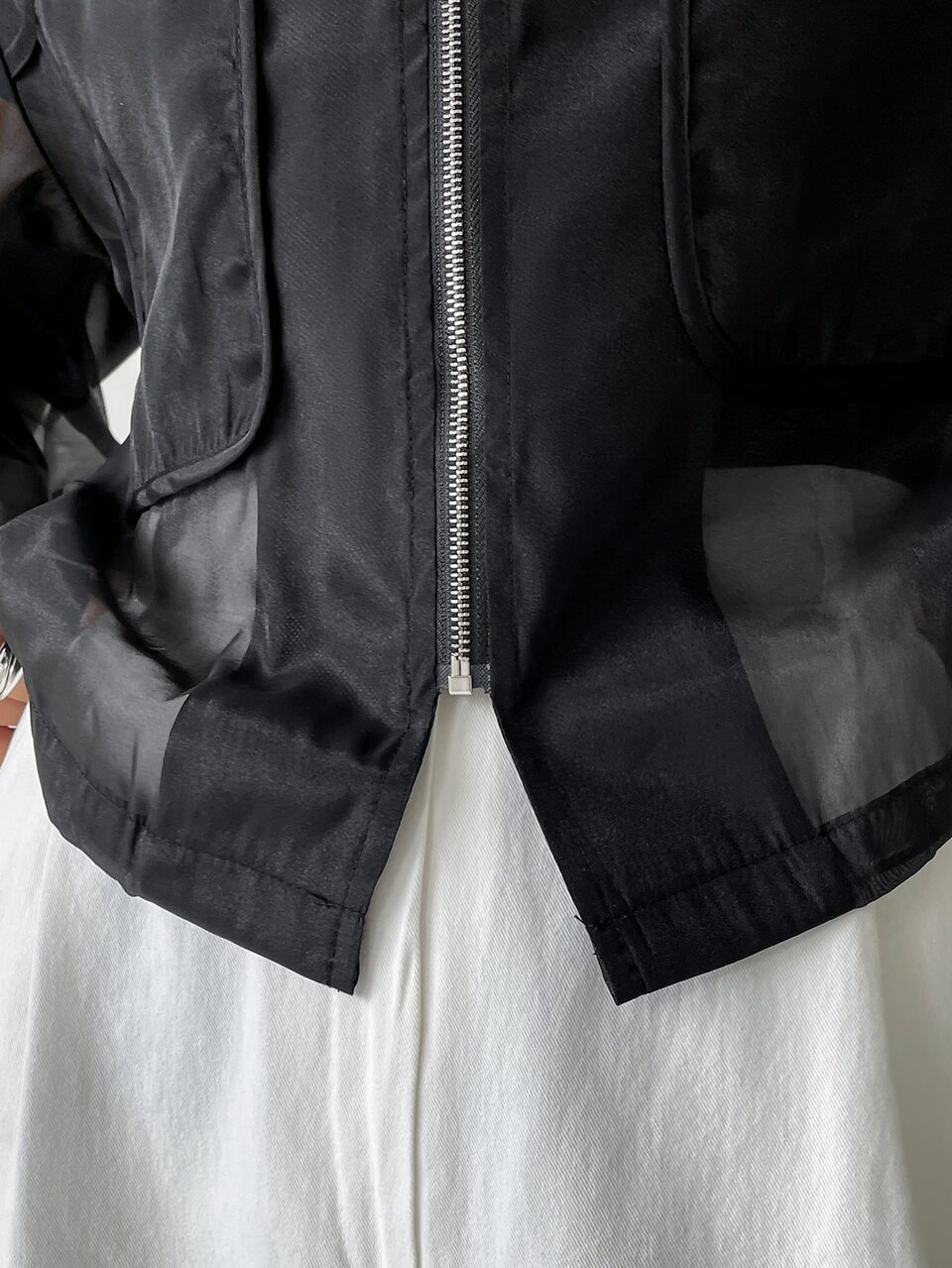 Drop Shoulder Zipper Front Drawstring Waist Blouse