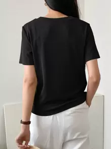 Dazy-Less Solid Rib Knit Button Front Tee Old Money Style Business Casual Woman Work Clothes - Black - View 2