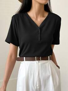 Dazy-Less Solid Rib Knit Button Front Tee Old Money Style Business Casual Woman Work Clothes - Black - View 4