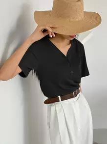 Dazy-Less Solid Rib Knit Button Front Tee Old Money Style Business Casual Woman Work Clothes - Black - View 5