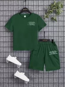 SHEIN Tween Boy Slogan Graphic Tee & Track Shorts - Mint Green - View 1
