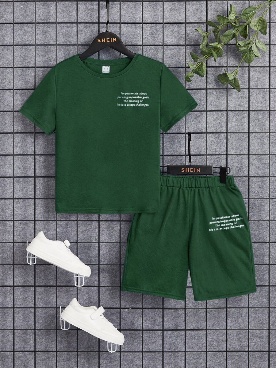 SHEIN Tween Boy Slogan Graphic Tee & Track Shorts - Mint Green - View 1