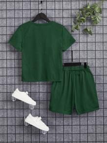 SHEIN Tween Boy Slogan Graphic Tee & Track Shorts - Mint Green - View 2