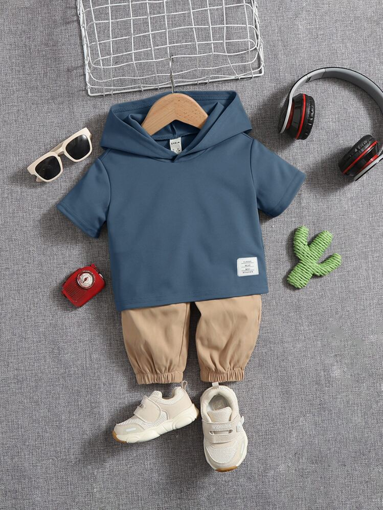 SHEIN Baby Boy Hooded T-Shirt With Letter Pattern Suitable For Spring And Autumn Outfits - Dusty Blue - View 1