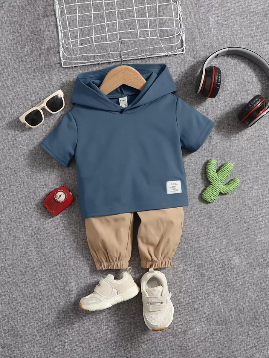 SHEIN 男嬰帶有字母圖案的連帽t恤,適合春秋裝 - 霧霾藍 - 查看 1