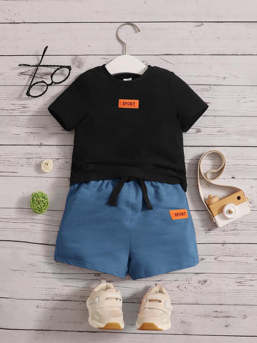 SHEIN Baby Boy Letter Patched Tee & Drawstring Waist Shorts - Dusty Blue - View 1