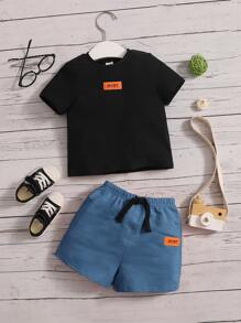 SHEIN Baby Boy Letter Patched Tee & Drawstring Waist Shorts - Dusty Blue - View 3