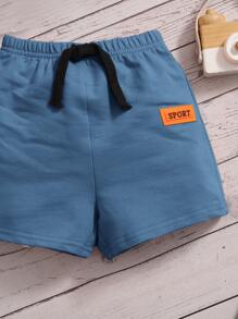 SHEIN Baby Boy Letter Patched Tee & Drawstring Waist Shorts - Dusty Blue - View 4