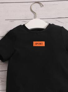 SHEIN Baby Boy Letter Patched Tee & Drawstring Waist Shorts - Dusty Blue - View 5