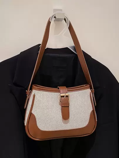 时尚亚麻和麂皮拼色优雅单肩包，适合外出使用