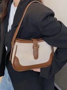 Túi đeo vai thời trang bằng vải lanh và da lộn Color Block thanh lịch, đa năng cho các chuyến đi chơi - Cà phê nâu - Xem 2
