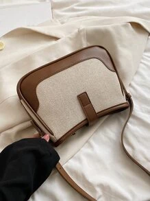 Túi đeo vai thời trang bằng vải lanh và da lộn Color Block thanh lịch, đa năng cho các chuyến đi chơi - Cà phê nâu - Xem 6