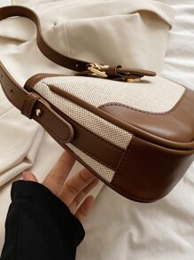 Túi đeo vai thời trang bằng vải lanh và da lộn Color Block thanh lịch, đa năng cho các chuyến đi chơi - Cà phê nâu - Xem 7