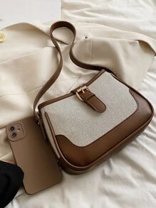 Túi đeo vai thời trang bằng vải lanh và da lộn Color Block thanh lịch, đa năng cho các chuyến đi chơi - Cà phê nâu - Xem 8