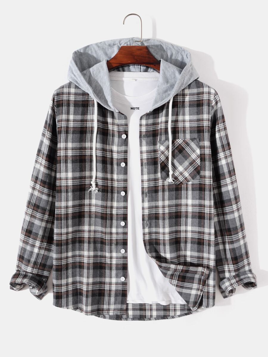 Manfinity 男士格紋印花口袋貼布抽繩連帽外套不帶T恤 - 彩色 - 查看 1