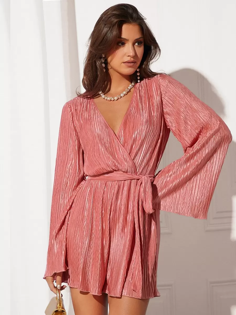 BizChic Surplice Neck Textured Belted Romper Workwear - Coral Pink - View 1