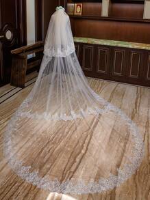 Velo de boda de doble capa con encaje - Blanco - Ver 2