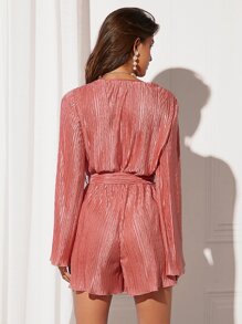 BizChic Surplice Neck Textured Belted Romper Workwear - Coral Pink - View 3