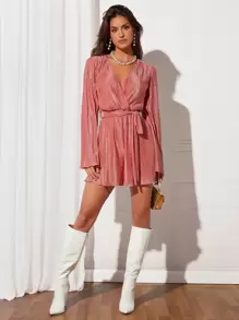 BizChic Surplice Neck Textured Belted Romper Workwear - Coral Pink - View 4