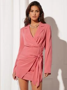 BizChic Lapel Neck Tie Side Wrap Dress - Coral Pink - View 1