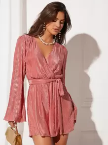 BizChic Surplice Neck Textured Belted Romper Workwear - Coral Pink - View 6