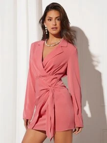 BizChic Lapel Neck Tie Side Wrap Dress - Coral Pink - View 5