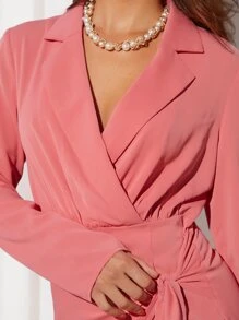 BizChic Lapel Neck Tie Side Wrap Dress - Coral Pink - View 6