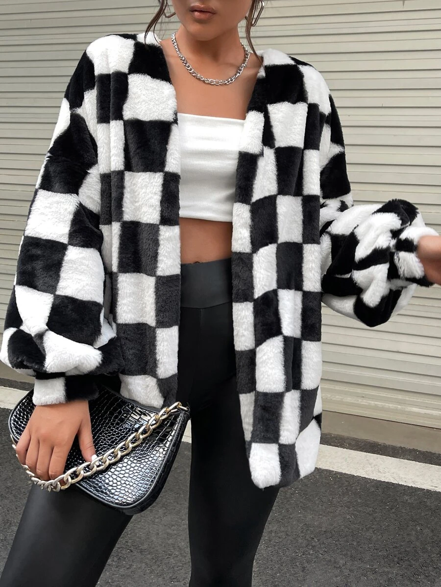 SHEIN EZwear Checkered Pattern Open Front Drop Shoulder Fuzzy Coat - Black and White - View 1