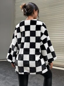 SHEIN EZwear Checkered Pattern Open Front Drop Shoulder Fuzzy Coat - Black and White - View 2