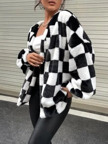 SHEIN EZwear Checkered Pattern Open Front Drop Shoulder Fuzzy Coat - Black and White - View 4