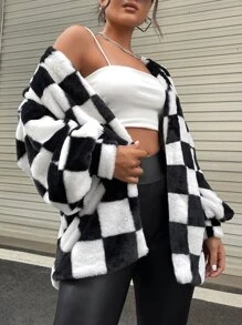 SHEIN EZwear Checkered Pattern Open Front Drop Shoulder Fuzzy Coat - Black and White - View 5