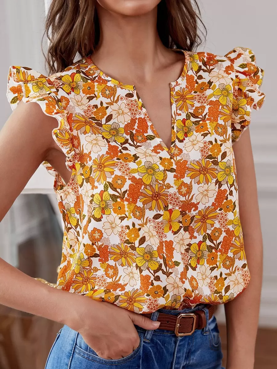 SHEIN Clasi 全身花卉印花荷葉袖套頭衫春襯衫 - 彩色 - 查看 1